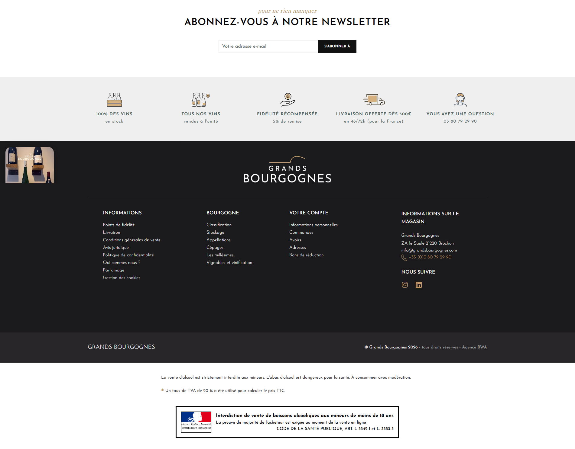 Pied de page Grands Bourgognes : newsletter, informations, contact et mentions légales