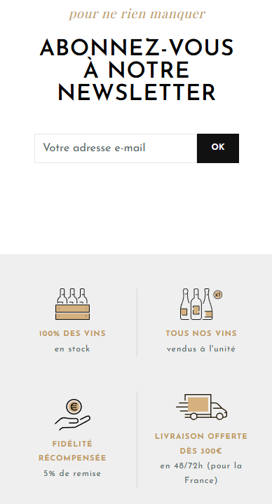 Pied de page mobile Grands Bourgognes : newsletter, informations, contact et mentions légales